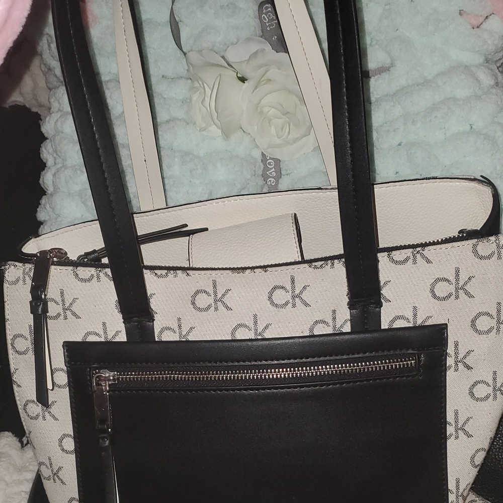 Calvin Klein Black and Cream Tote with CK Pattern